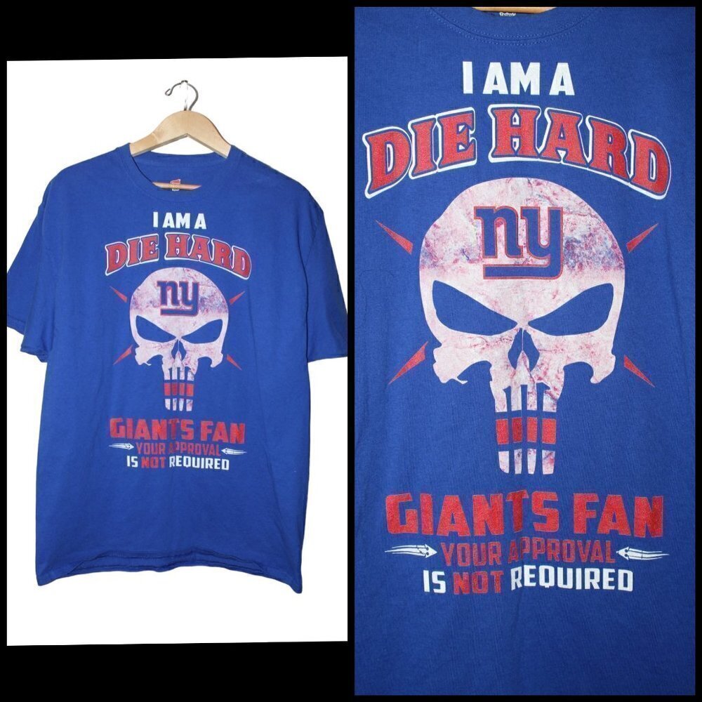 Vtg Hanes New York Giants Fans I Am a Die Hard blue T shirt Size XL Skull cotton